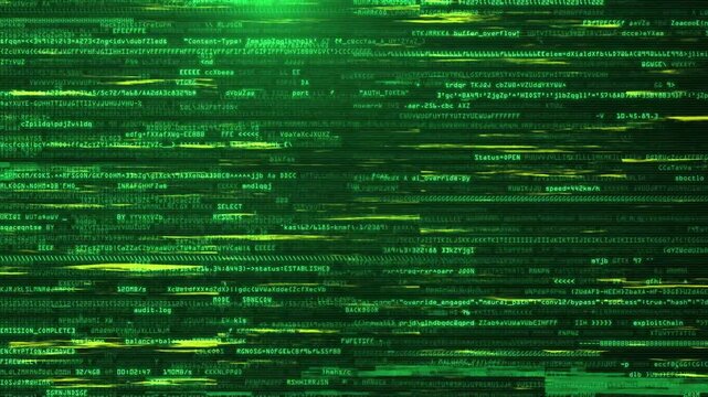 Glowing Green Computer Code Matrix for Cybersecurity and Digital Technology 4K