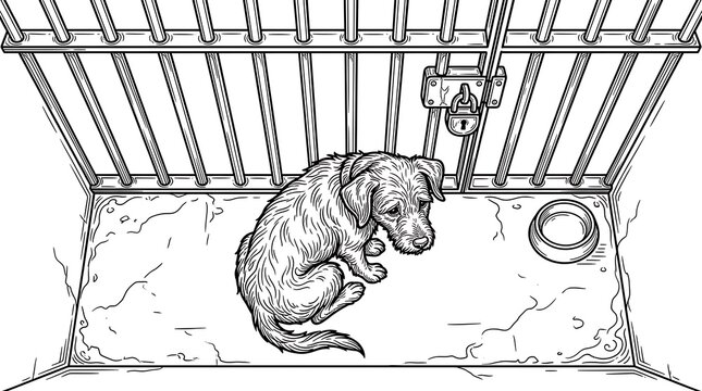 Top view of sad puppy in locked animal shelter cage