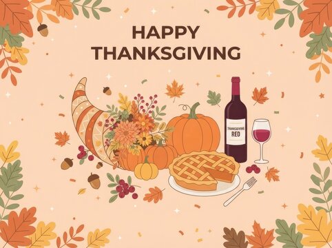 A festive happy thanksgiving greeting card featuring a cornucopia pumpkin pie and wine on autumn background