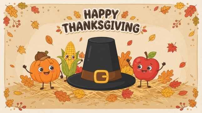 Cute cartoon characters with a pilgrim hat celebrating a happy thanksgiving holiday with autumn fall leaves