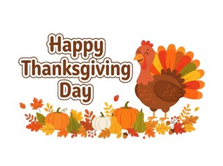 Naklejka premium Colorful illustration featuring a turkey and pumpkins for a festive happy thanksgiving day holiday greeting card