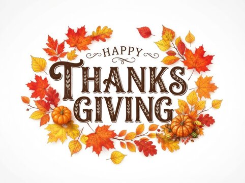 Decorative happy thanksgiving greeting card design featuring vibrant autumn fall leaves on a clean white background