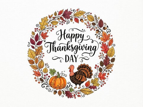 Beautiful watercolor wreath with autumn leaves pumpkin and turkey for a festive happy thanksgiving holiday greeting card