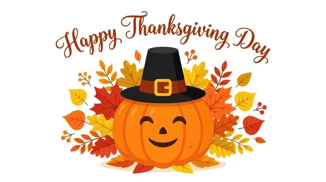 A festive illustration of a cute smiling pumpkin wearing a pilgrim hat for thanksgiving holiday celebration