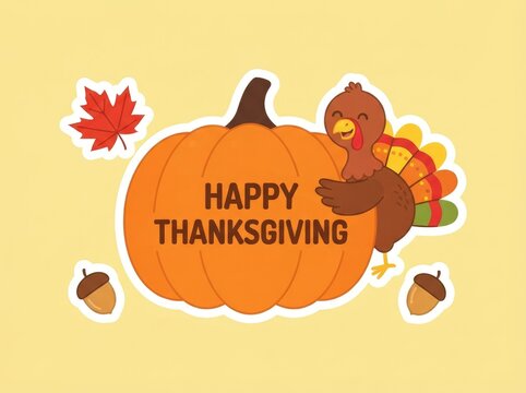 Cute cartoon thanksgiving illustration featuring a friendly turkey sitting next to a large orange pumpkin harvest