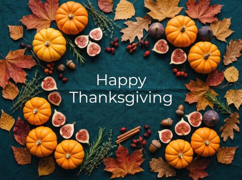 A festive thanksgiving background featuring orange pumpkins and autumn leaves arranged in a beautiful circular frame