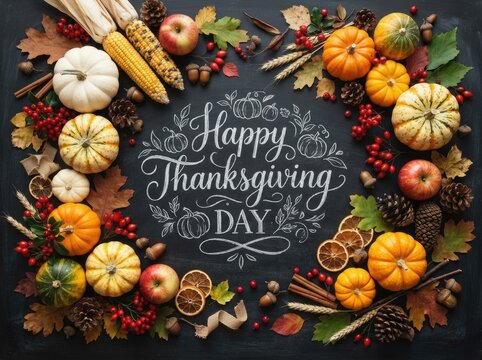 A festive happy thanksgiving day greeting card featuring pumpkins autumn leaves and corn on chalkboard background
