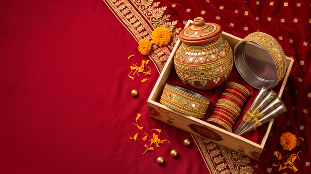Traditional Karwa Chauth puja thali with decorated pot, bangles and festive red textile for Indian fasting ritual and cultural celebration
