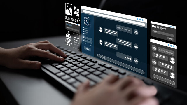 A close-up view of hands typing on a keyboard, showcasing a modern AI chat interface with digital conversations and options for user interaction and seamless technology integration. Ledger