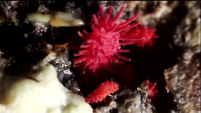 Red Springtails tiny animals in Tropical Rainforest in Thailand and Southeast-Asia.