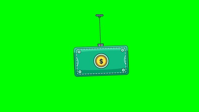 Cartoon green banknote swinging like a pendulum on a green screen background representing financial purchase value and wealth concepts