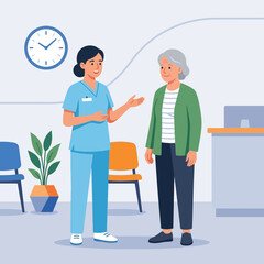 Fototapeta premium Nurse Talking to Elderly Woman in Medical Waiting Room