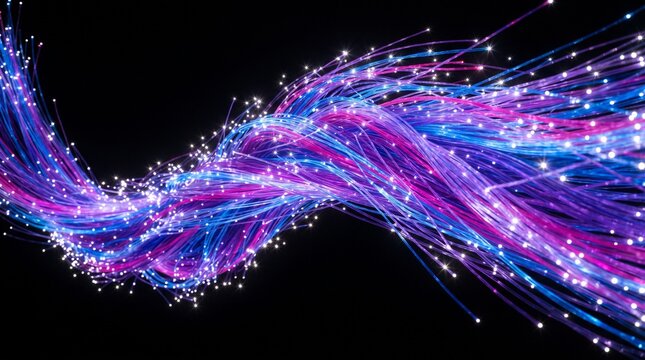 Abstract flowing fiber optic strands with glowing particles for technology concepts.