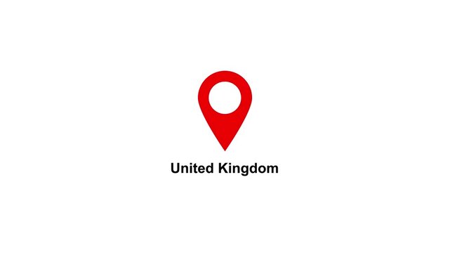 Red location pin icon with white circle and text on UNITED KINGDOM white background map marker navigation. Location or map pin icon symbol set. Location pointer.