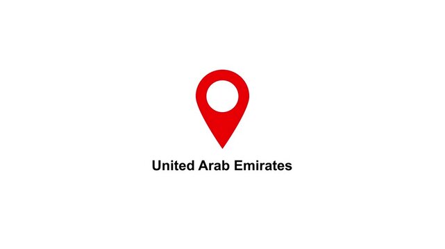 Red location pin icon with white circle and text on UNITED ARAB EMIRATES white background map marker navigation. Location or map pin icon symbol set. Location pointer.