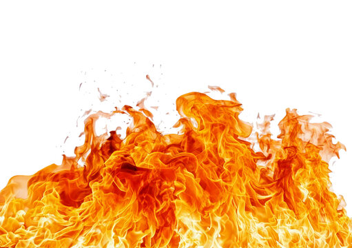 Bright and dynamic fire flames isolated on a transparent or white background
