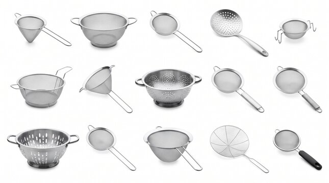 Stainless steel kitchen colander set, professional mesh strainer collection, 15 metal food sifters and skimmers on white background