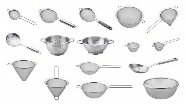 Stainless steel kitchen strainers and colanders set, professional metal mesh sieves, culinary tools for cooking and baking