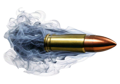 Bullet in motion leaving a trail of smoke isolated on a transparent or white background