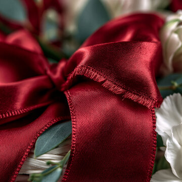 Elegant red silk ribbon draped over white floral basket with cinematic lighting, shallow depth of field and clean left copy space, ideal for memorial campaigns and tribute editorial layouts.