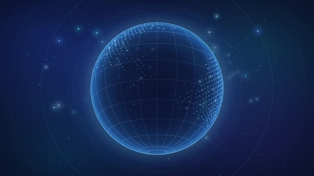 Rotating wireframe data globe over dark background seamless loop