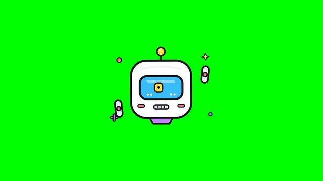 Cybernetic artificial intelligence robot head icon with futuristic digital features floating against a green screen background for chroma key.