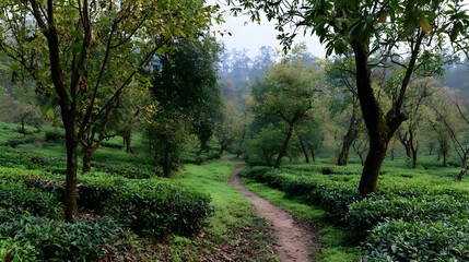 Fototapeta premium A winding dirt path meanders through lush green tea bushes under a canopy of trees on a misty day