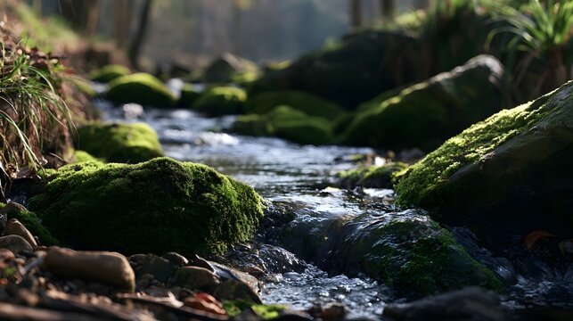 A serene forest stream flows gently over moss covered rocks under soft natural light with blurred background foliage