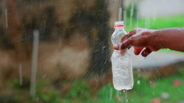 Clear bottle sprayed under heavy rain by black person hand, closeup of plastic bottle as droplets erupt over green backyard, summer storm mood, candid motion, highspeed splash texture and wet detail.