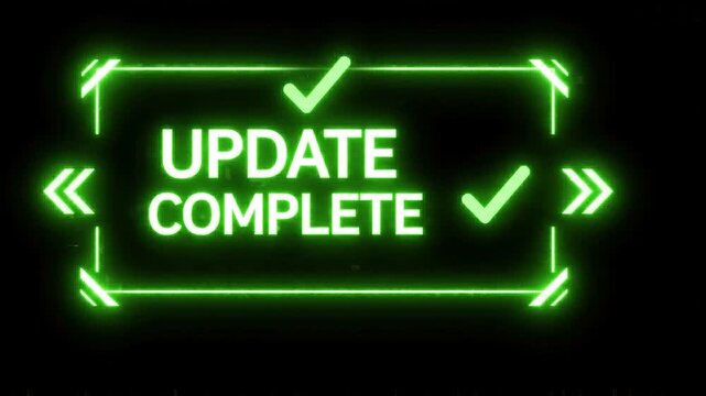 Green digital update complete text animation with scanner beam effect