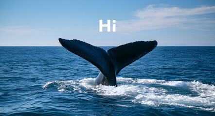 Naklejka premium Whale's tail greeting in the ocean water with hi text