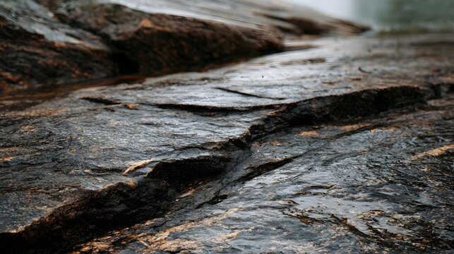 Wet granite rock surface shows textured patterns and natural cracks under soft diffused lighting after rainfall