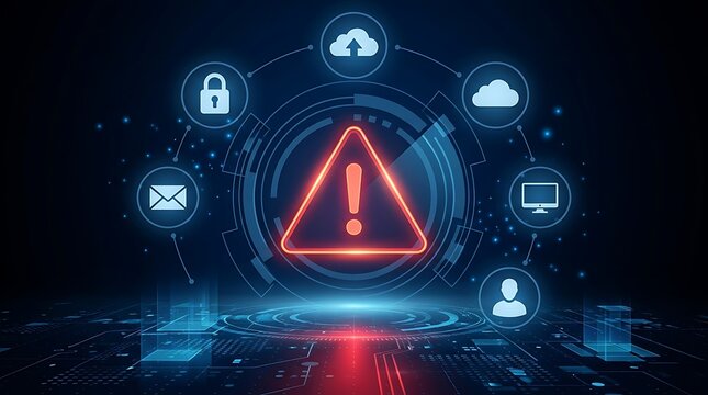 Red system warning triangle with digital network icons for cyberattack and firewall breach