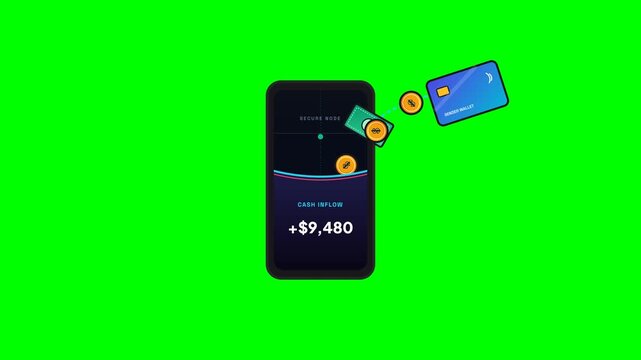 Professional financial animation showing digital money transfer with flying coins and credit card into mobile phone wallet on green screen background.