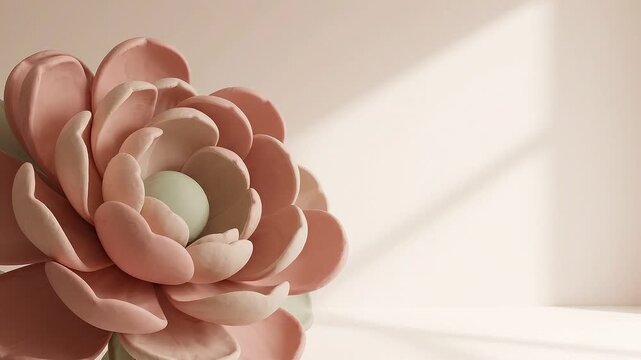 Giant pink flower sculpture in minimal light room interior