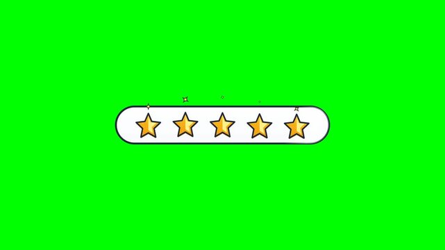 Five golden stars rating animation appearing on a white bar over a bright green screen background for customer feedback and quality service review.