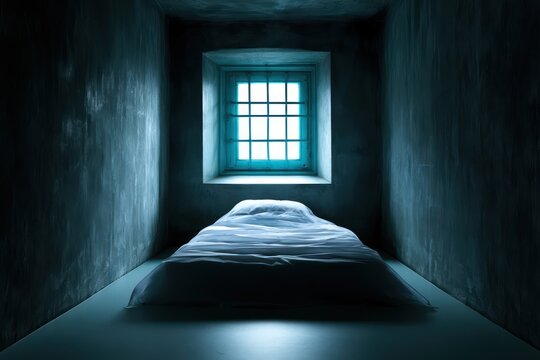 Empty prison cell bed with barred window