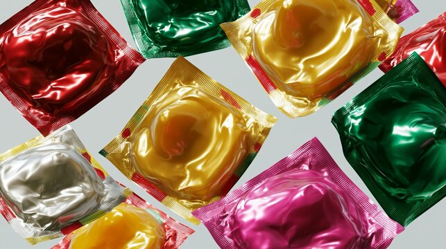 Multiple colorful condom foil packs floating in midair, dynamic arrangement, clean background, commercial healthcare advertising, ultra detailed, no text