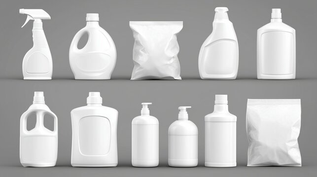 Premium 3D vector mockup collection board, cleaning product packaging, spray bottles, detergent containers, refill pouches, isolated objects