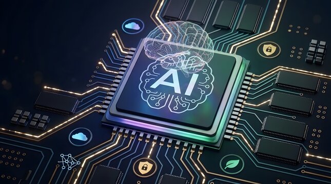 Central processing unit with AI brain graphic and circuit board