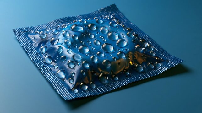 Premium condom packet covered with realistic water droplets, fresh and clean atmosphere, bright studio lighting, photorealistic advertising image, no text