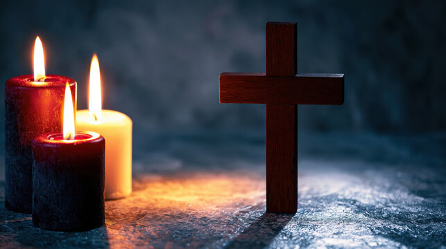 Moody christian still life wooden cross candle flame wax candle dark background soft light prayer concept spiritual symbol sacred object religious scene