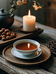 Fototapeta premium Tea cup porcelain white bowl candle amber jujube lily warm cozy table wooden saucer beverage hot steam reflection flame still life interior rustic calm relaxation aromatic herbal infusion drink