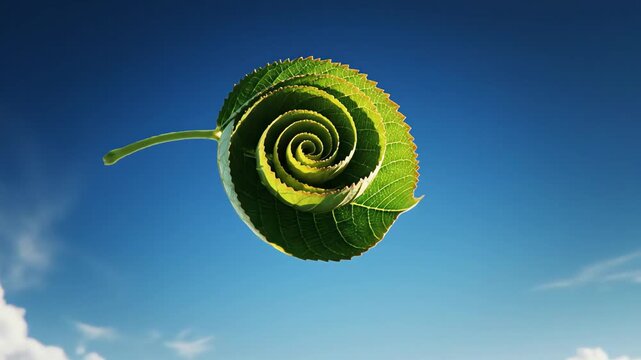Green leaf with spiral pattern floating in blue sky