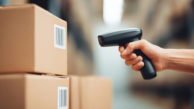A worker scans cardboard boxes with a handheld barcode scanner in a modern warehouse. Industrial shelves and bright lighting illustrate efficient supply chain logistics.