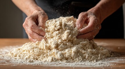 Obraz premium Artisan hands knead elastic dough on a wooden table with flour dust in the air. This photorealistic baking scene showcases traditional homemade craftsmanship.