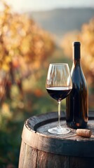 Fototapeta premium A glass of red wine, bottle, and cork rest on a rustic barrel in a sunlit vineyard. Golden autumn foliage creates a warm, inviting atmosphere perfect for wine tasting.