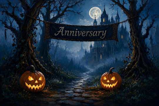 Spooky Halloween Anniversary Banner Hanging Between Trees near Haunted Castle at Night