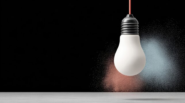 A lightbulb bursts with colorful powder clouds, symbolizing innovation and creative ideas. The ultra-realistic, cinematic scene highlights inspiration in motion.