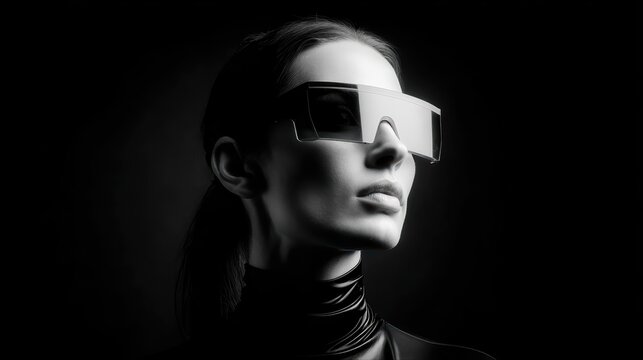 A futuristic woman in sleek visor sunglasses exudes sci-fi style. Dramatic lighting highlights technological fashion in a bold, modern portrait.